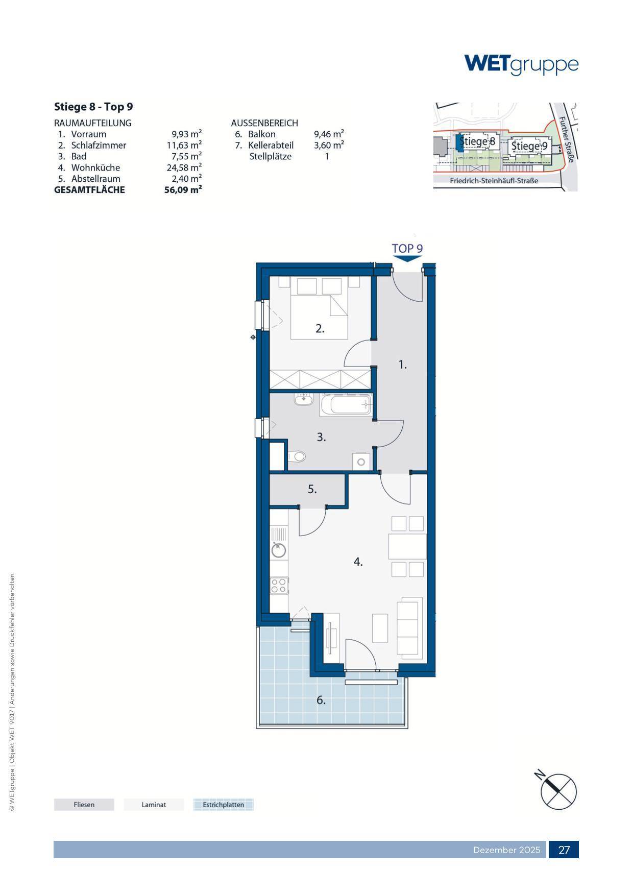 Grundriss der Wohnung Top 9 mit Balkon, Wohnküche, Schlafzimmer und Bad.