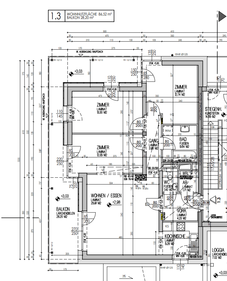 Detaillierter Grundriss einer Wohnung mit Wohnnutzfläche, Balkon und Loggia.