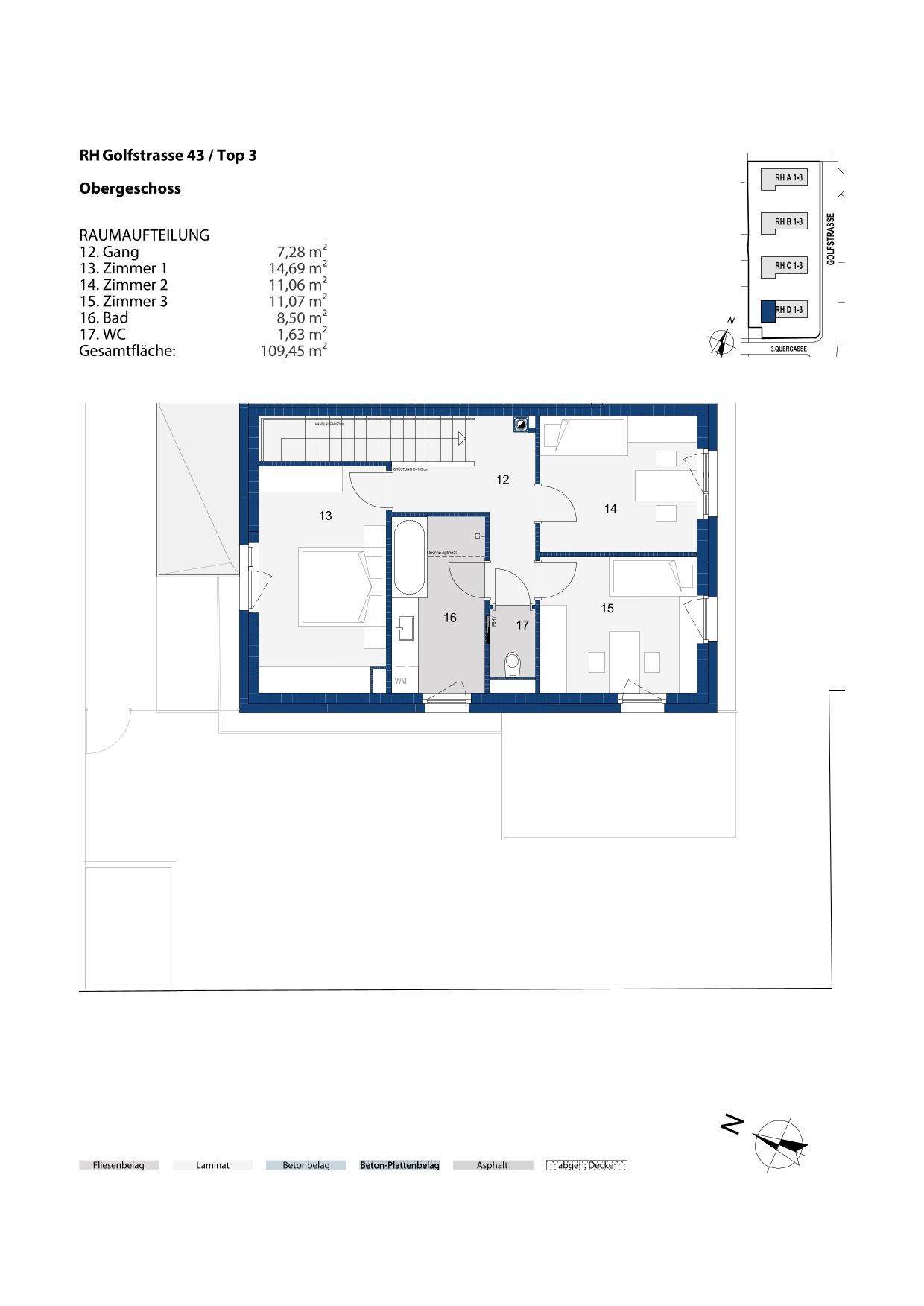 Grundriss des Obergeschosses eines Reihenhauses mit Schlafzimmern, Bad und separatem WC.