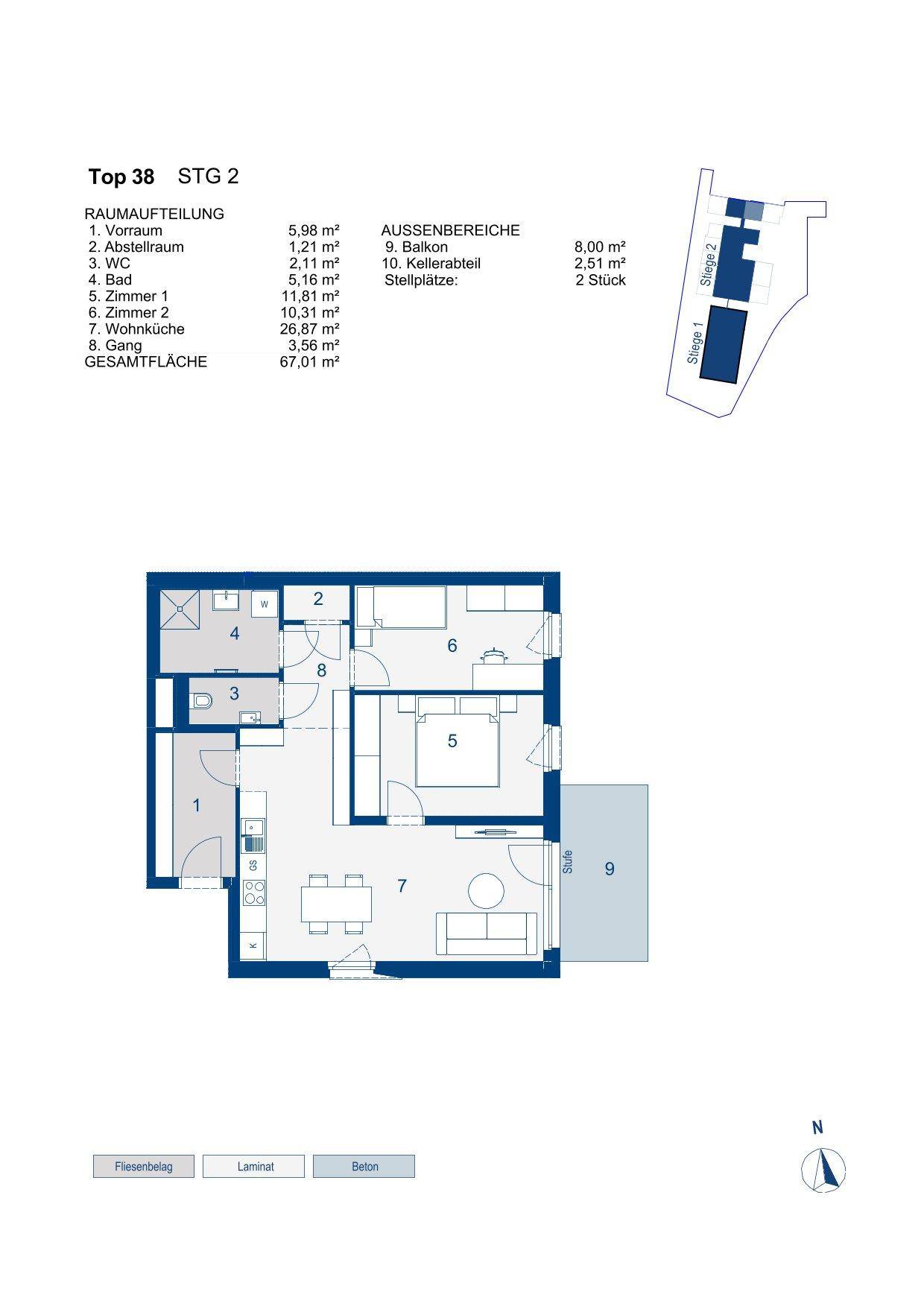 Grundriss der Wohnung Top 38 im zweiten Stock mit Balkon und offener Wohnküche.