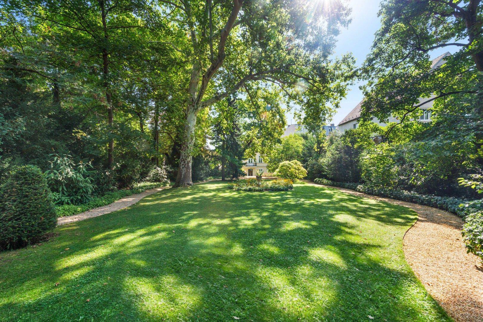 Großer, sonniger Garten mit weitläufiger Rasenfläche, hohen Bäumen und Spazierwegen.