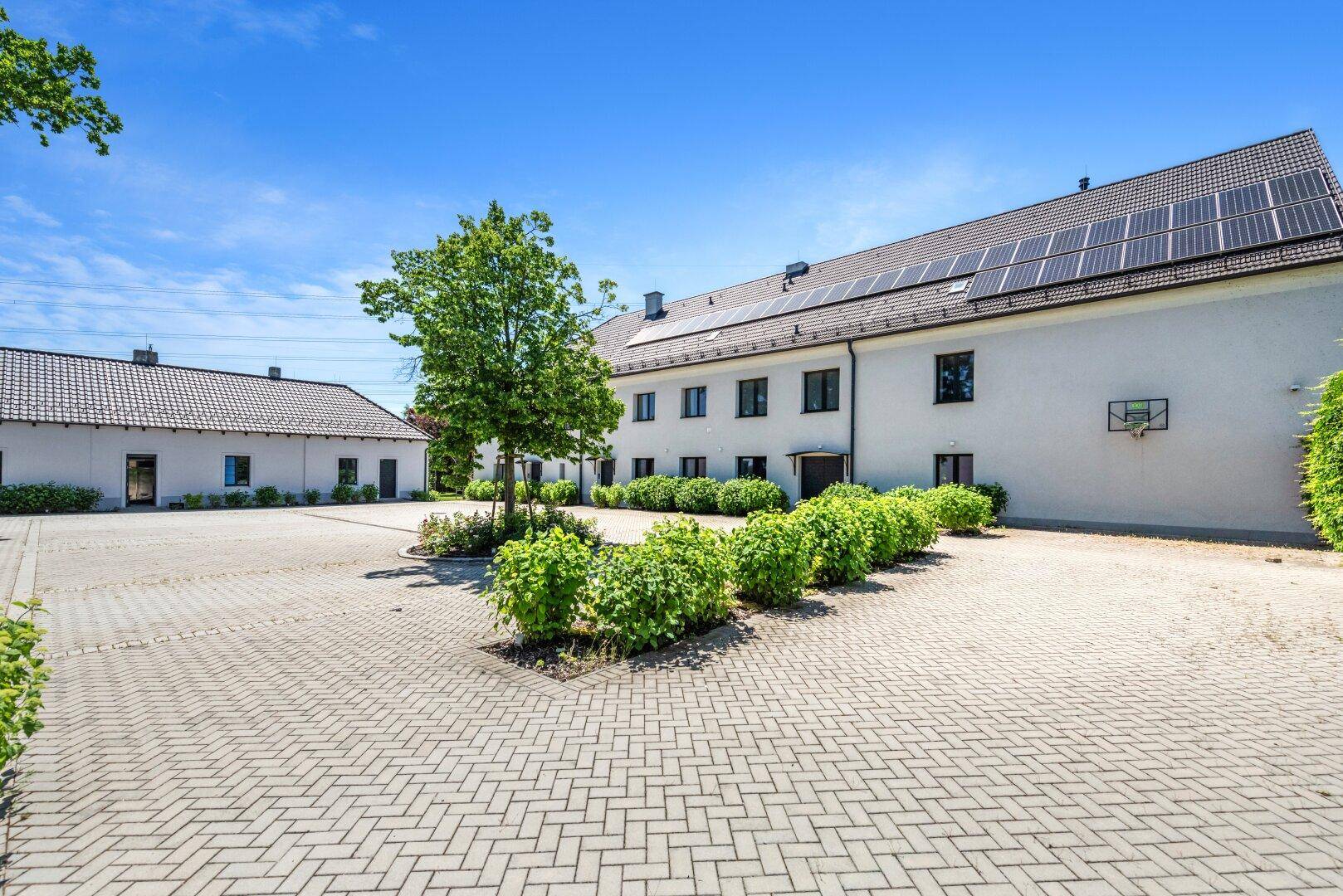 Großer gepflasterter Vorplatz mit Büschen und Blick auf das Hauptgebäude mit Solaranlage.