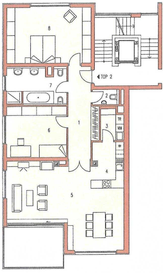 Grundriss der Wohnung mit mehreren Zimmern, Bad und Balkon.