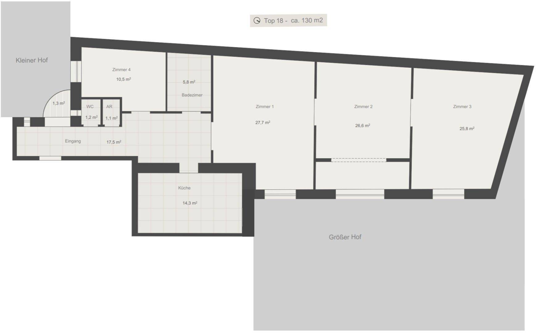 Grundriss einer Wohnung mit vier Zimmern, separater Küche, Bad, WC, Abstellraum und Zugang zu zwei Höfen.