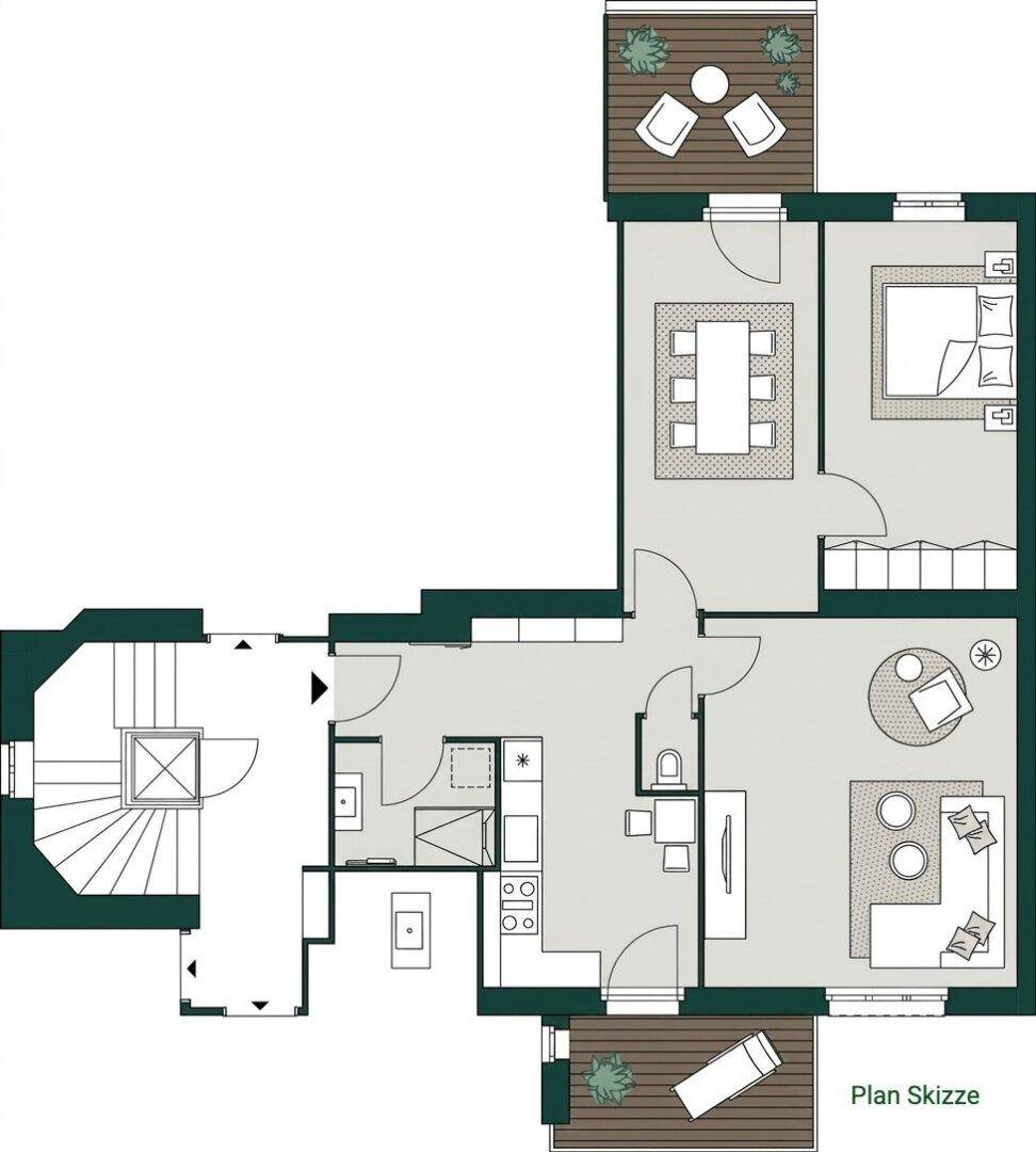 Detaillierter Grundriss einer Wohnung mit zwei Balkonen und klar definierten Wohnbereichen.