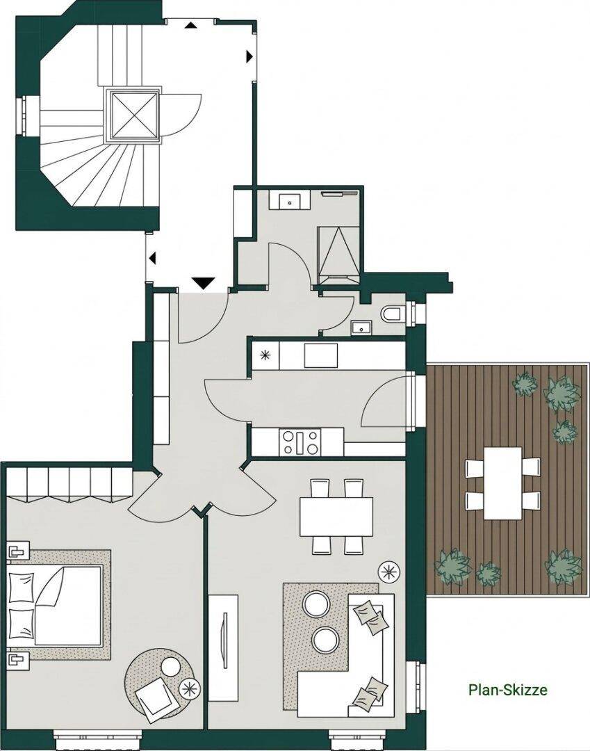 Grundriss einer Wohnung mit offenem Wohnbereich, Schlafzimmer und großer Terrasse.