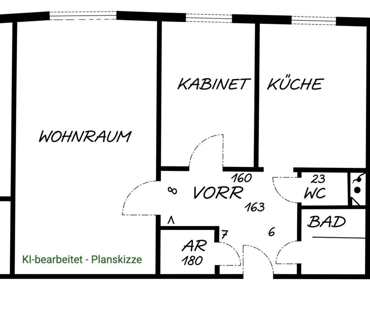 Grundriss der Wohnung mit Wohnraum, Küche, Bad und WC.