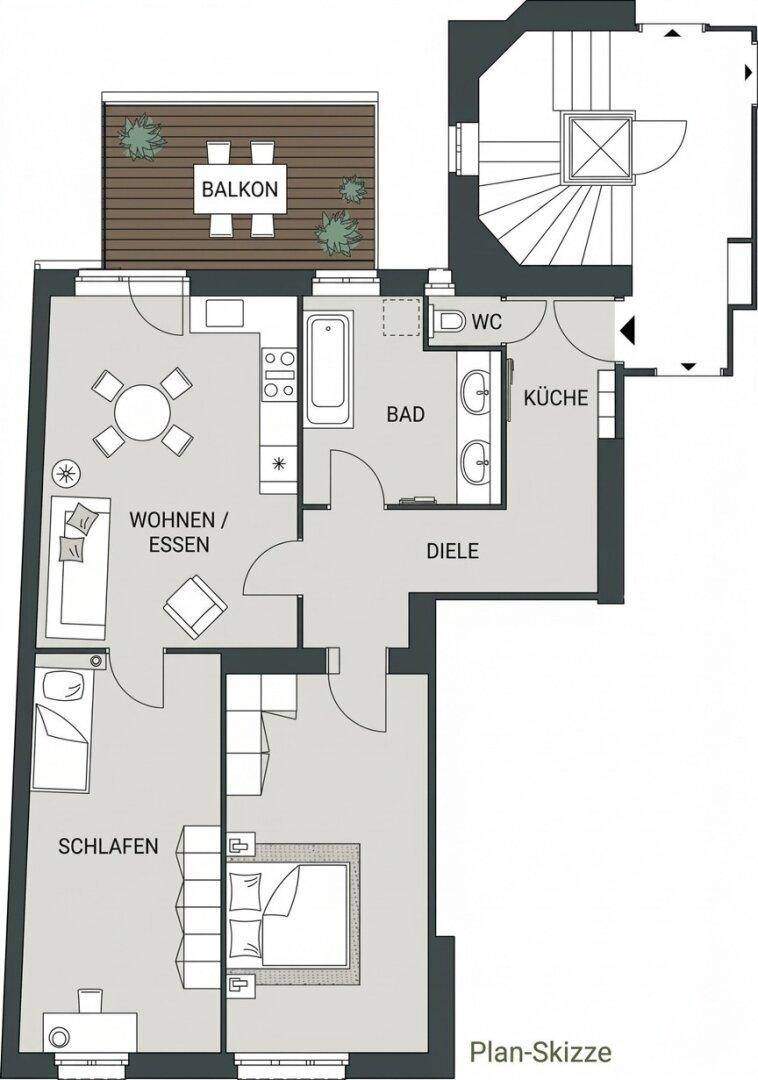 Grundriss einer Wohnung mit offenem Wohn-Essbereich, separater Küche, zwei Schlafzimmern und einem Balkon.