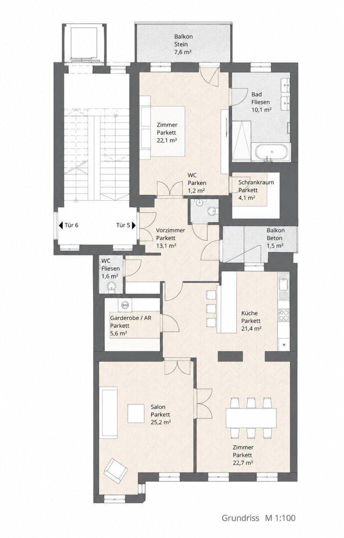 Detaillierter Grundriss der Wohnung mit mehreren Zimmern und zwei Balkonen.