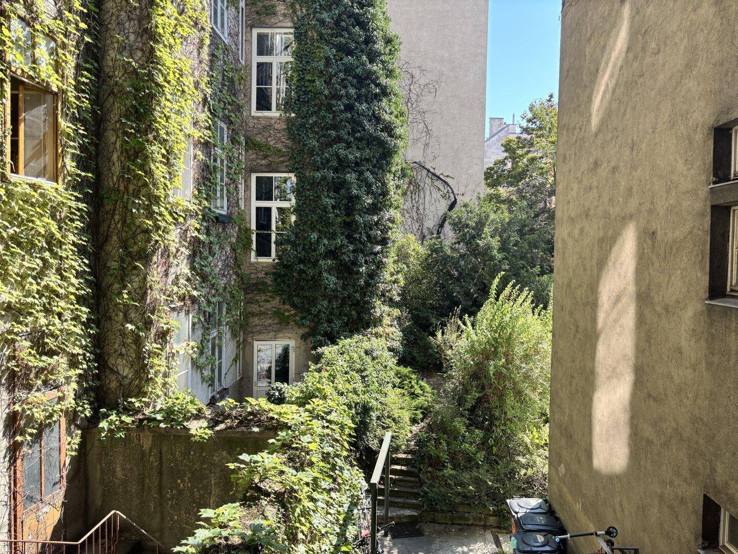 Grüner Innenhof mit üppiger Bepflanzung und den Fassaden der umliegenden Gebäude.