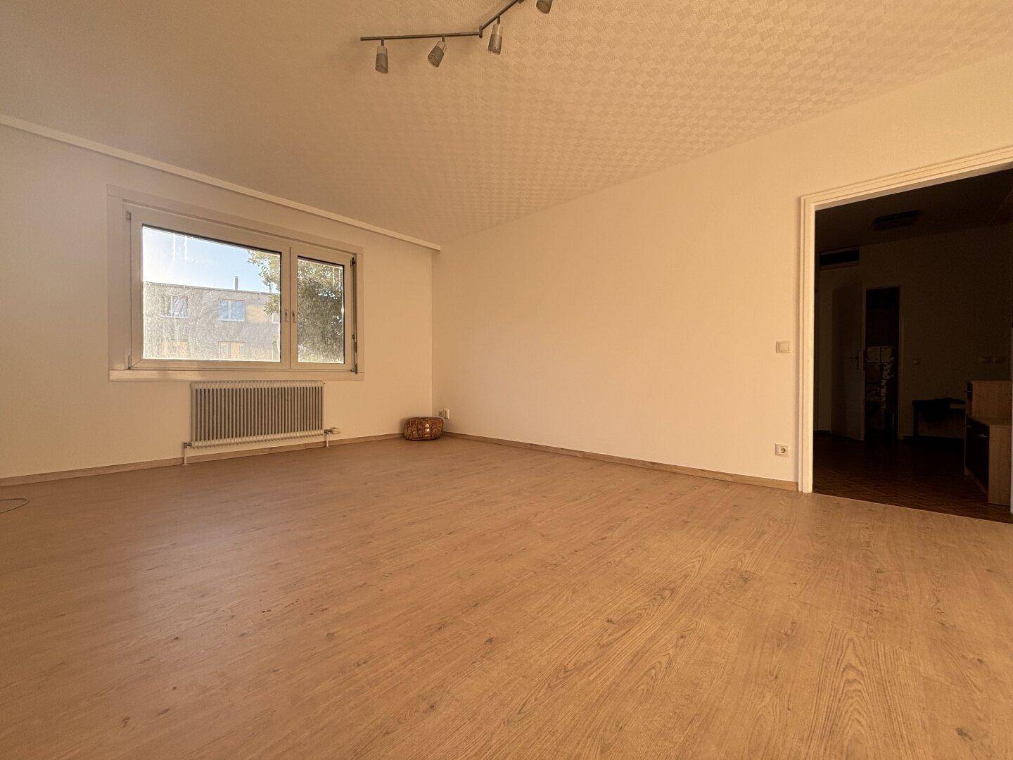 Helles, leeres Wohnzimmer mit Laminatboden, großem Fenster und Heizkörper.