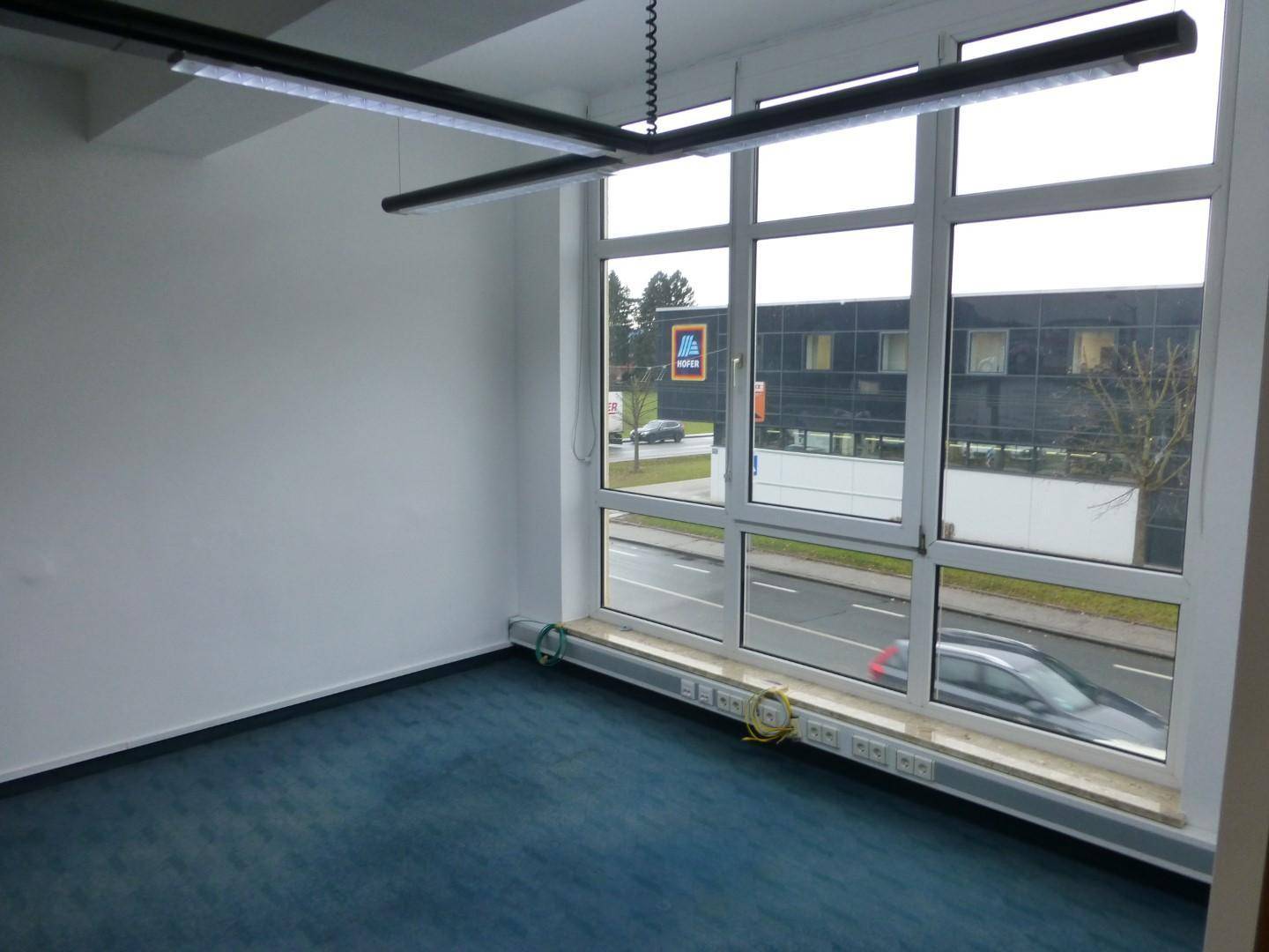 Büroraum mit blauem Teppichboden und großen Fenstern, die einen Blick auf die Straße bieten.