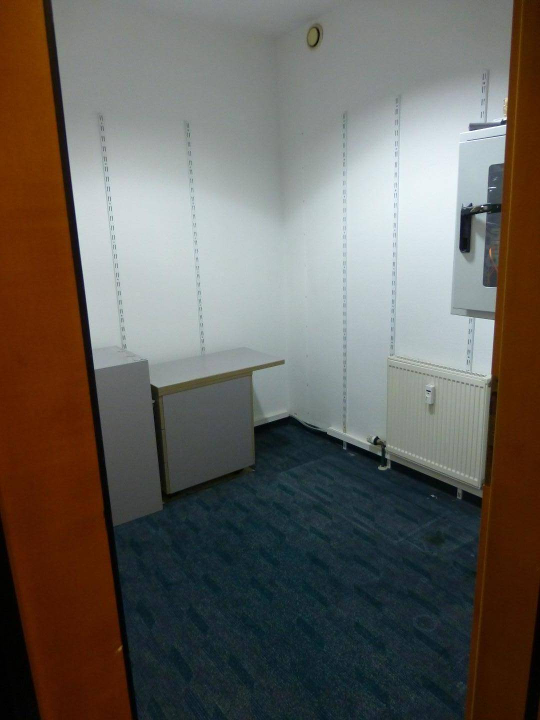 Kleiner Büroraum mit blauem Teppichboden, Schreibtisch und Wandregalsystem, ideal für Einzelarbeit.