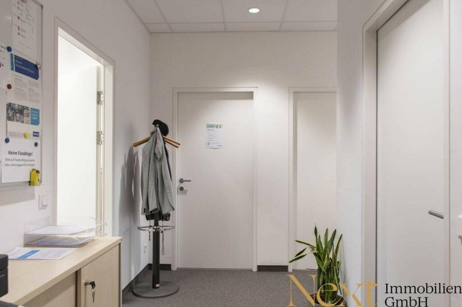 Weiterer Blick in den Flur mit Garderobe, einer Pflanze und mehreren Türen zu den Büroräumen.