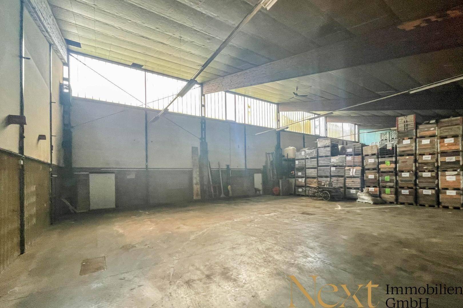 Geräumige Lagerhalle mit hohen Fenstern, Betonboden und gestapelten Kisten an der Seite.