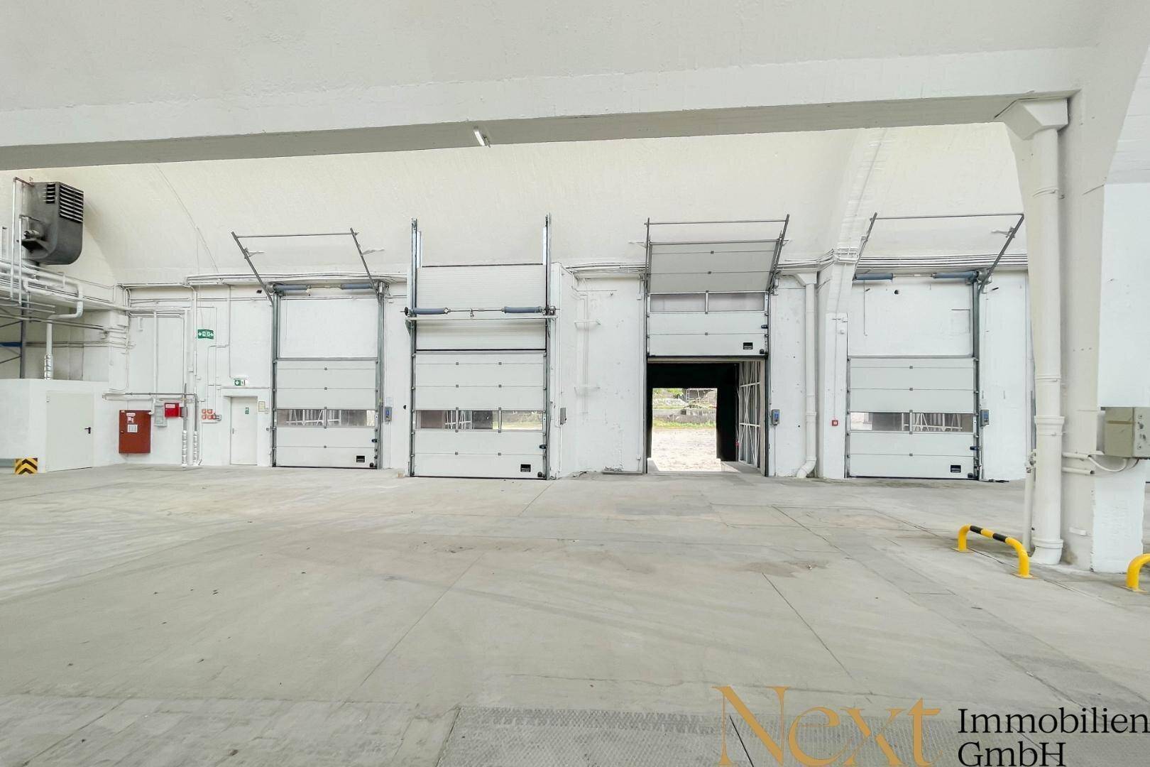 Große Lagerhalle mit mehreren Rolltoren und Betonboden, ausgestattet für effizienten Warenumschlag.