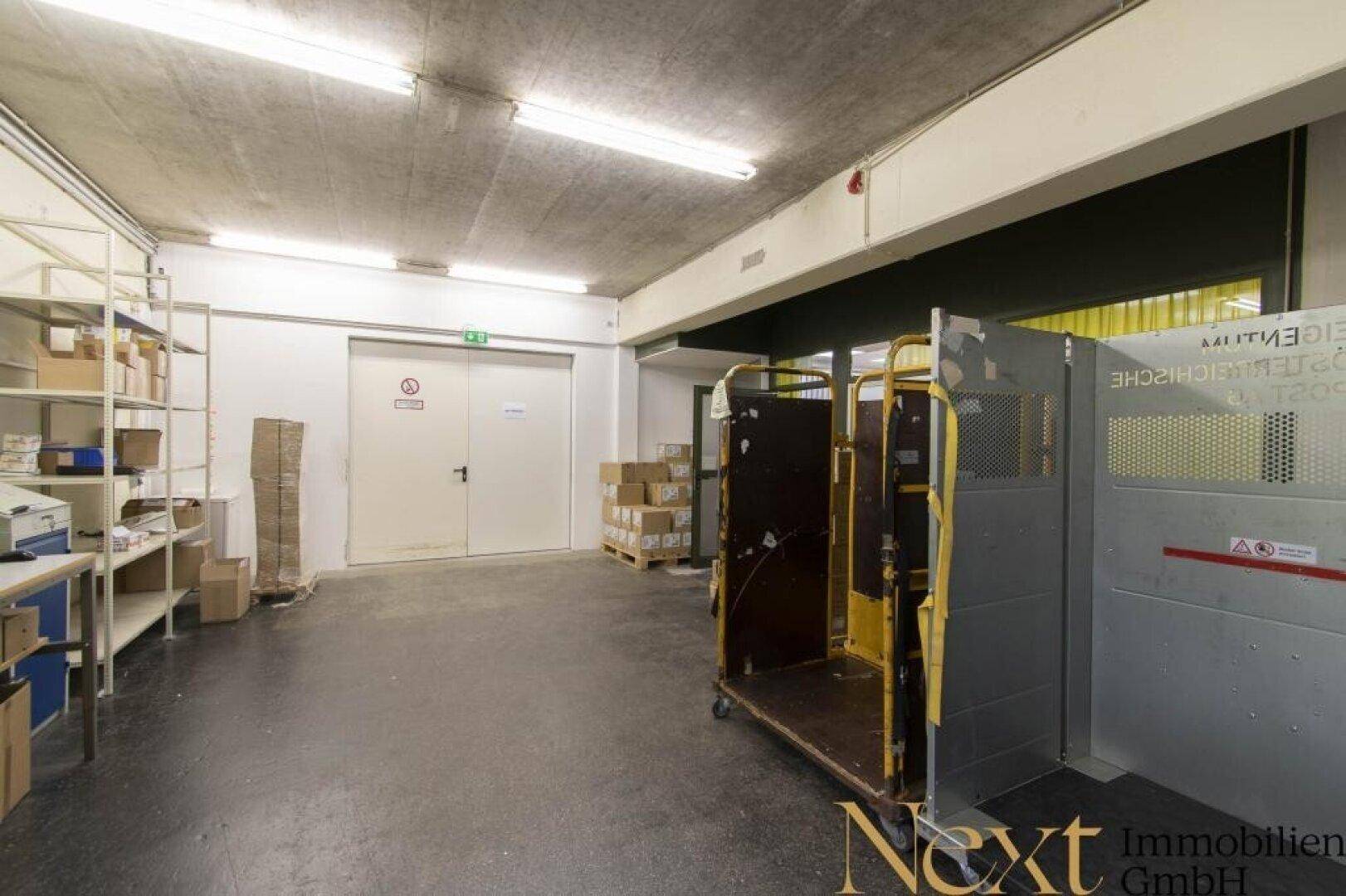 Funktionaler Lagerraum mit Regalen, Betonboden und industrieller Beleuchtung, ideal für Warenlagerung.