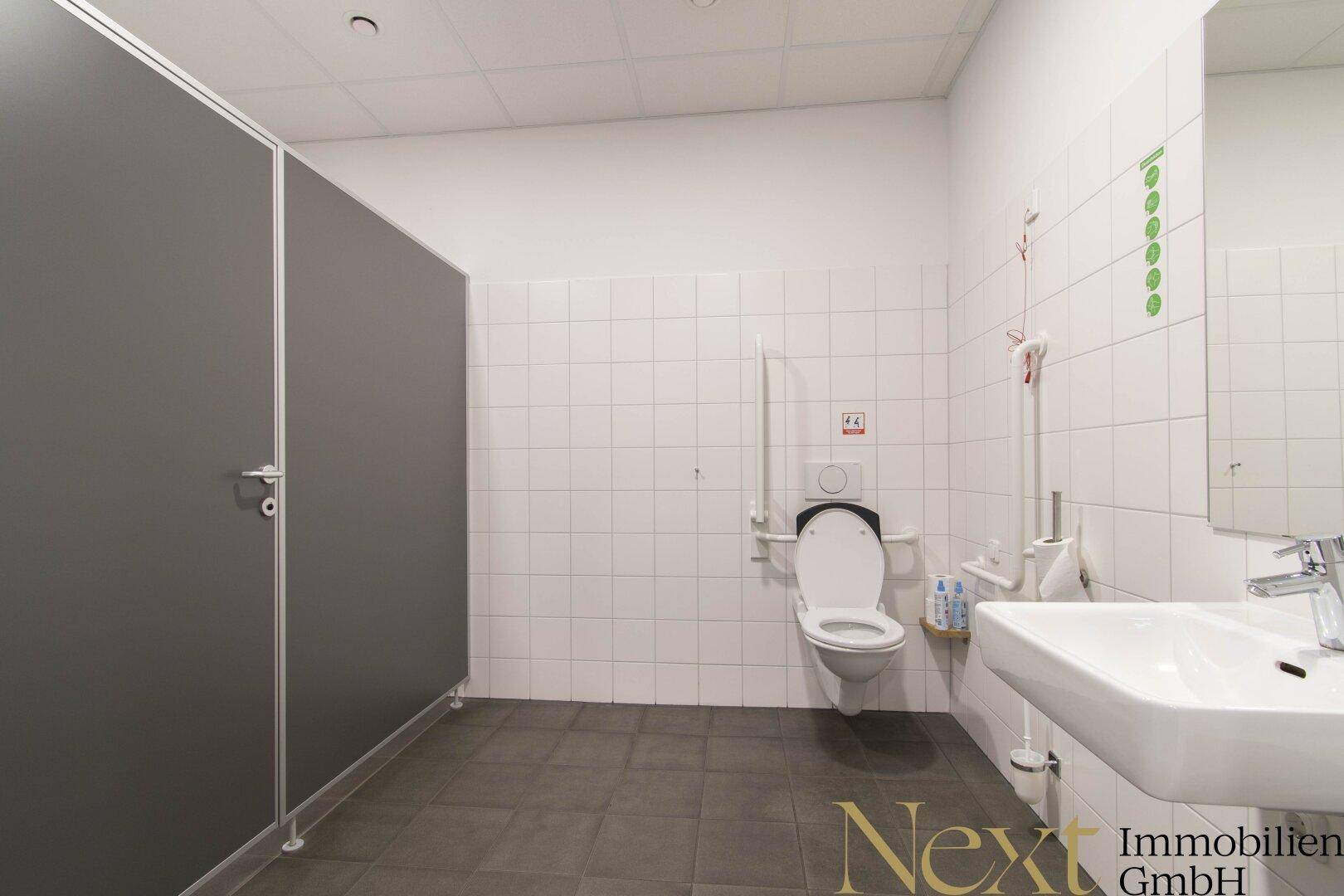 Barrierefreies Badezimmer mit WC, Haltegriffen und Waschbecken, ausgestattet für Zugänglichkeit.