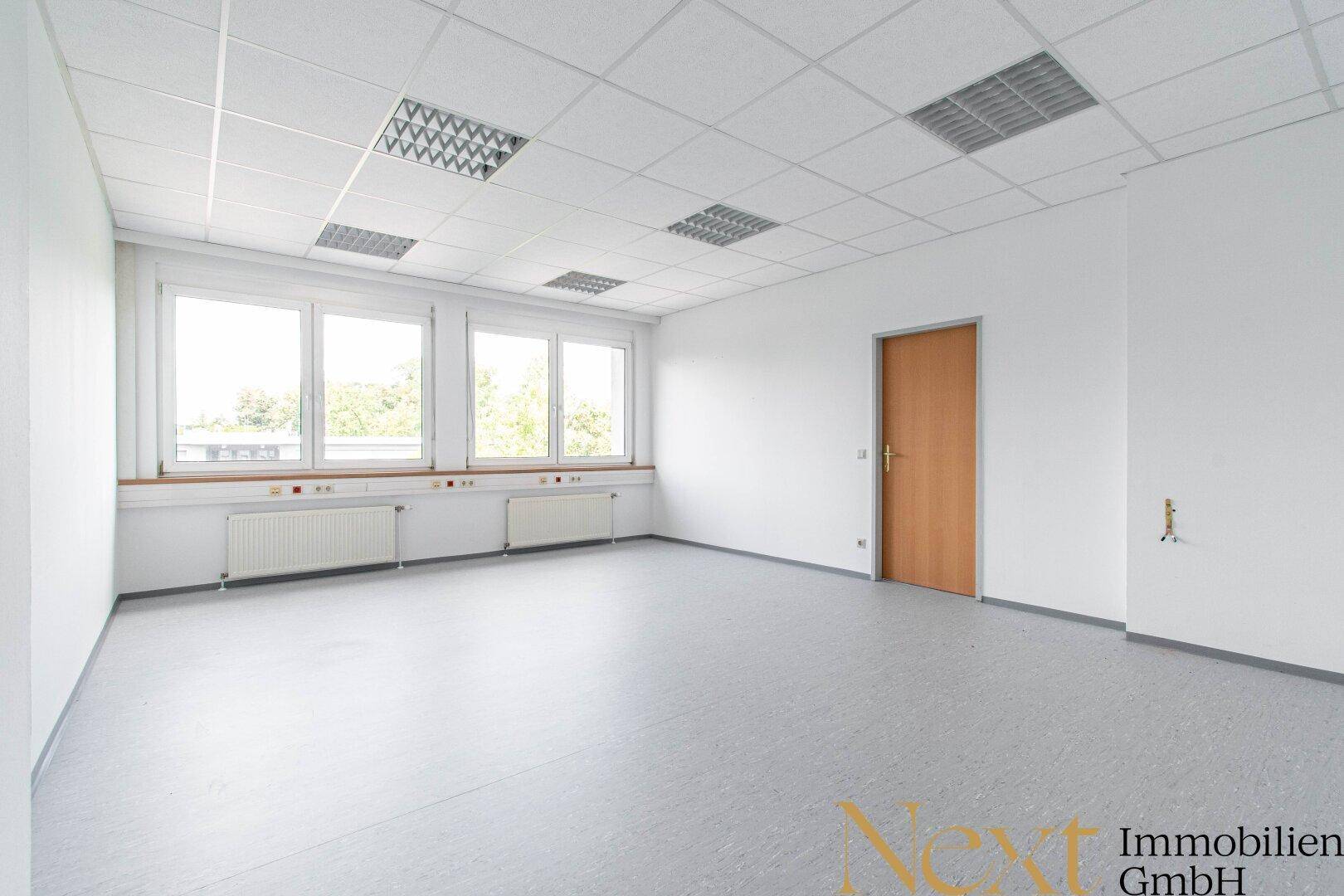 Leeres Büro mit grauem Boden, weißen Wänden und einer Holztür, ideal für verschiedene Nutzungen.