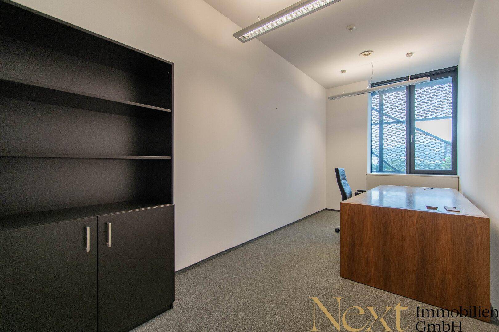 Modernes Büro mit dunklem Regal, Schreibtisch und natürlichem Lichteinfall durch das Fenster.