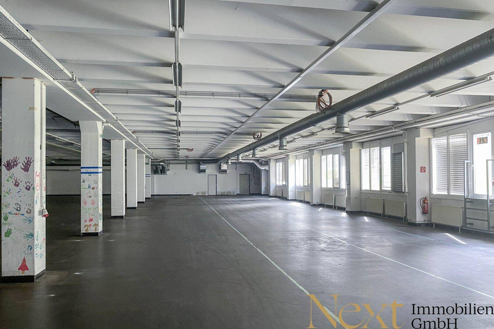 Weitläufiger, leerer Lagerraum mit weißen Säulen, Betonboden und Fenstern an der Seite.