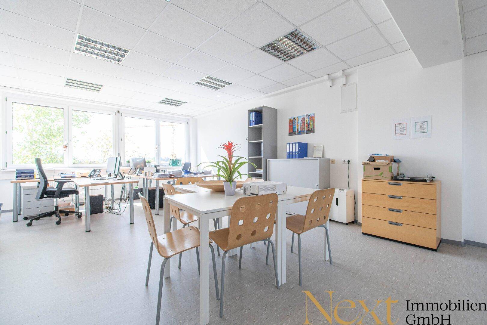 Geräumiges Büro mit mehreren Schreibtischen, einem Besprechungsbereich und viel Tageslicht durch große Fenster.