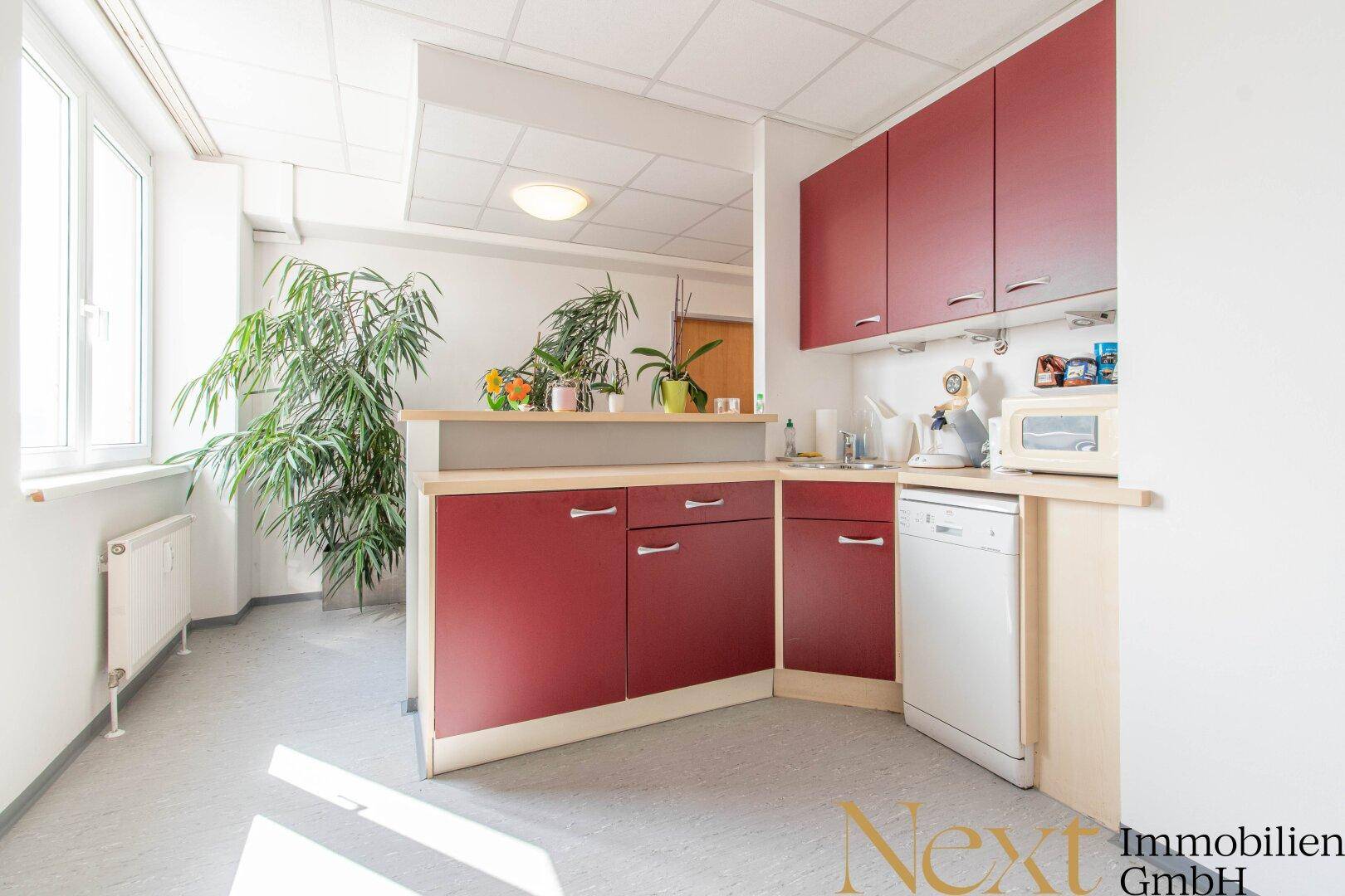 Funktionale Küchenzeile mit roten Schränken, Spülmaschine und viel Stauraum, ideal für Büropausen.