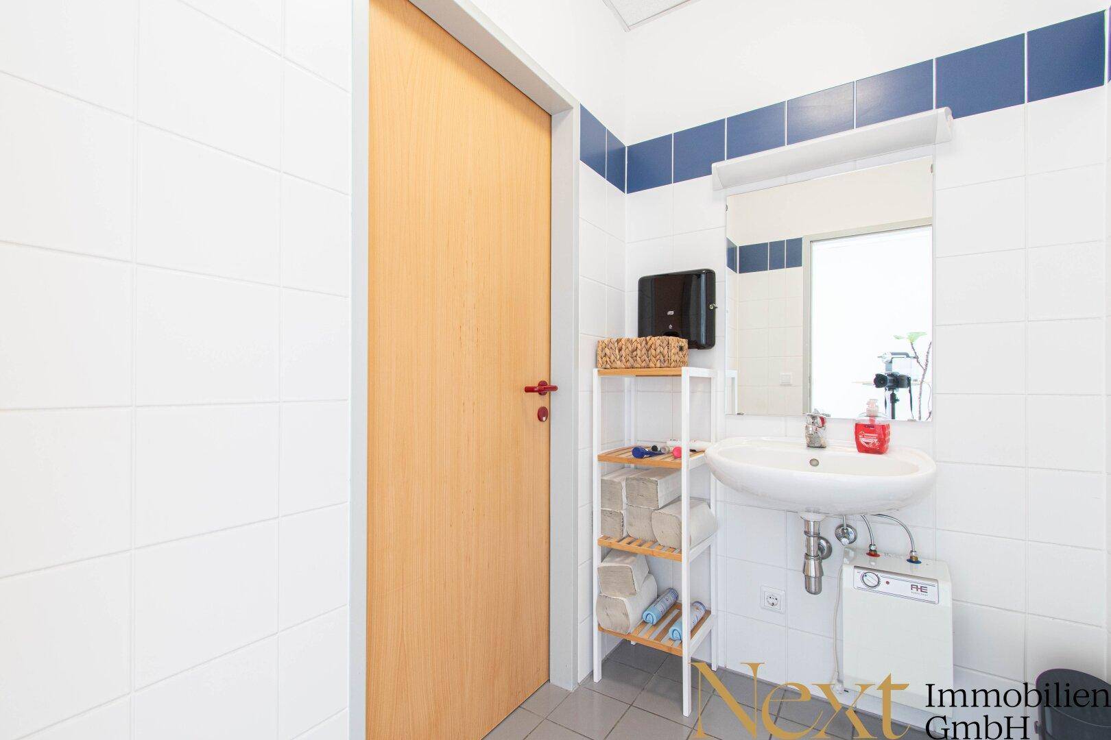 Waschbereich in der Toilette mit kleinem Waschbecken, Spiegel und weiß-blauen Wandfliesen.