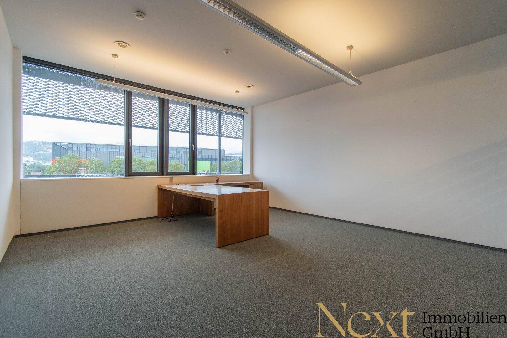 Geräumiges, unmöbliertes Büro mit Teppichboden und großen Fenstern, bereit zur individuellen Gestaltung.
