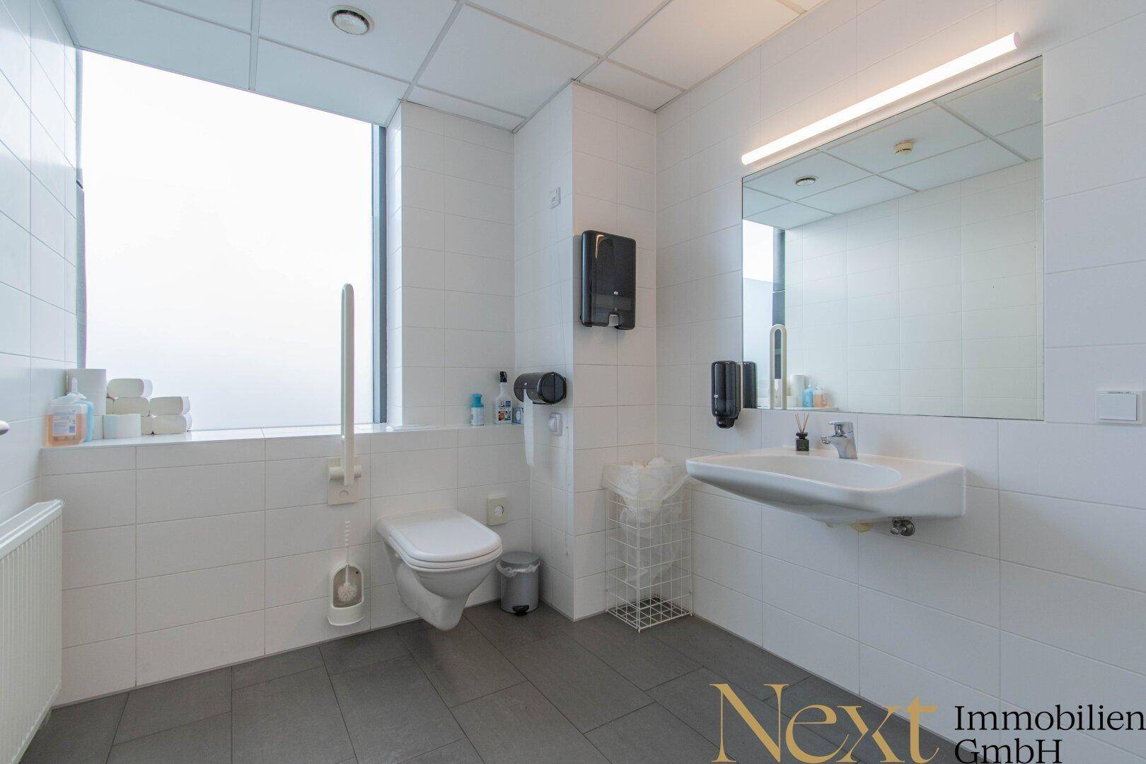 Barrierefreies Badezimmer mit Haltegriffen, wandhängender Toilette und einem Fenster für Tageslicht.