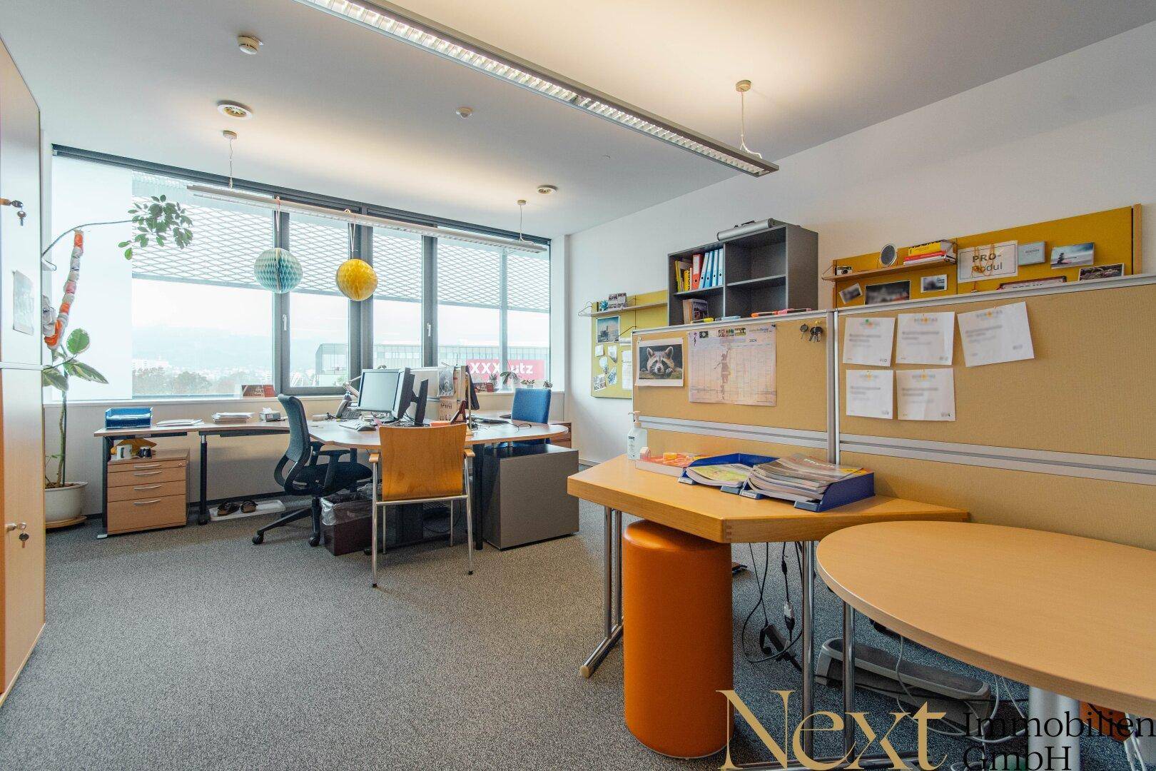 Offener Bürobereich mit mehreren Arbeitsplätzen, Teppichboden und farbigen Akzenten für eine lebendige Atmosphäre.