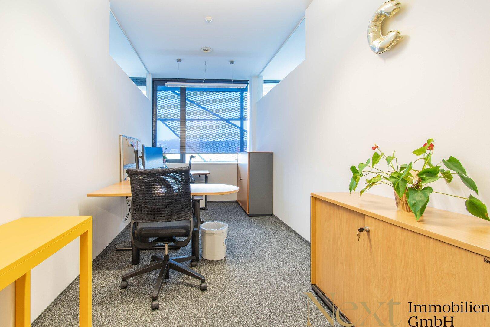 Helles Einzelbüro mit Teppichboden, Schreibtisch und Stauraum, ideal für konzentriertes Arbeiten.