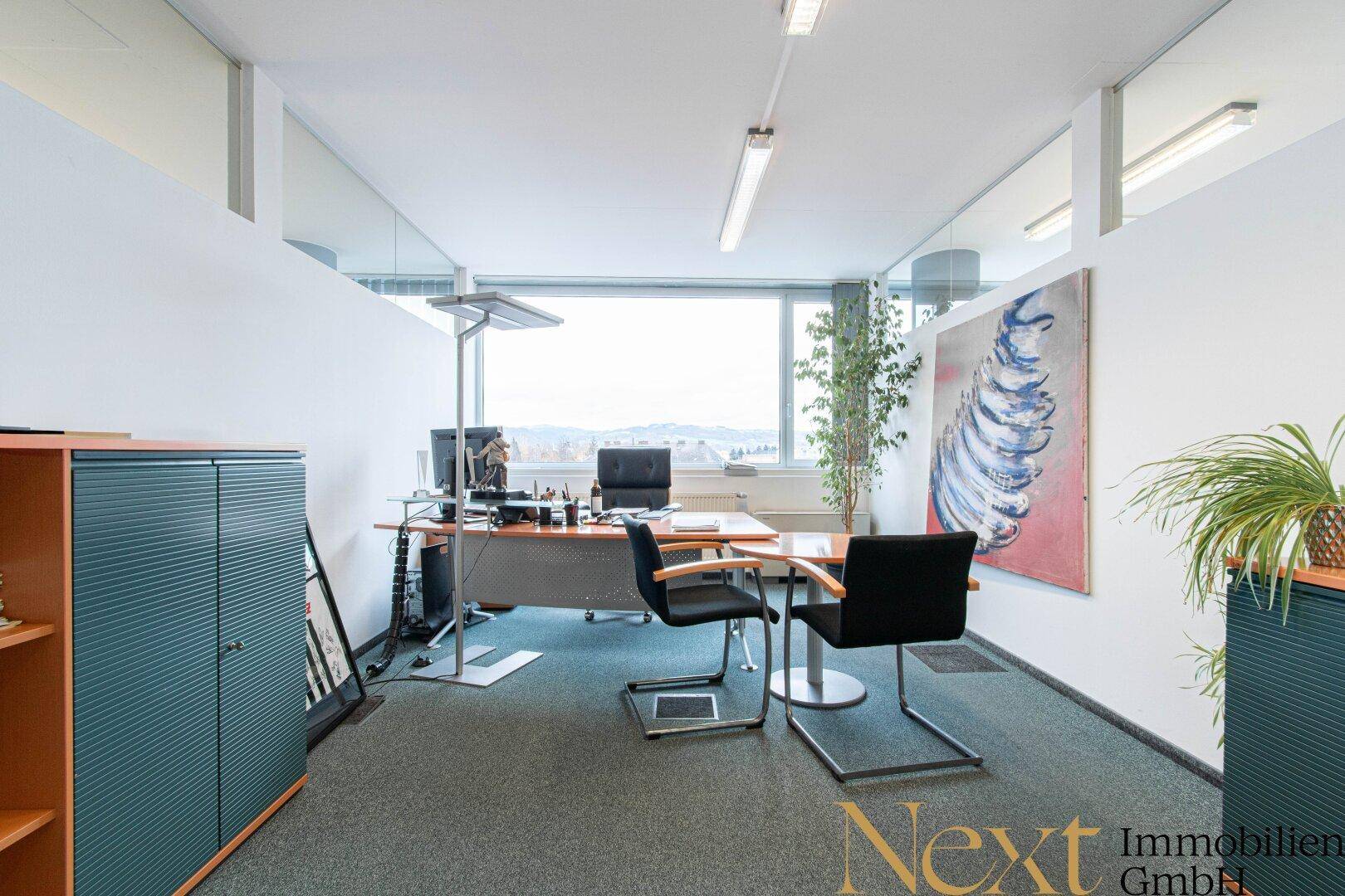 Geräumiges Büro mit mehreren Arbeitsplätzen, großen Fenstern und Blick auf die Umgebung, ausgestattet mit Teppichboden.