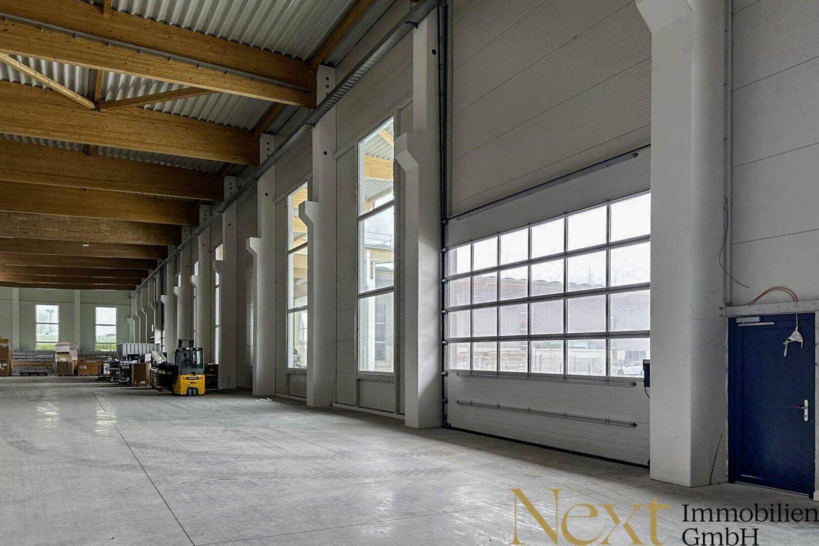 Geräumige Industriehalle mit hohen Decken, großen Fenstern und Betonboden, bereit zur Nutzung.