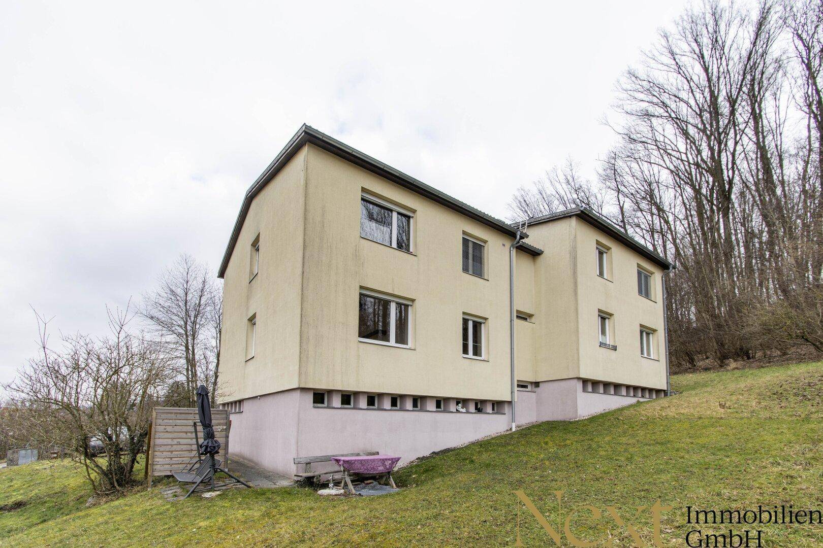Seitenansicht der Wohngebäude auf einem Hanggrundstück mit Grünfläche.