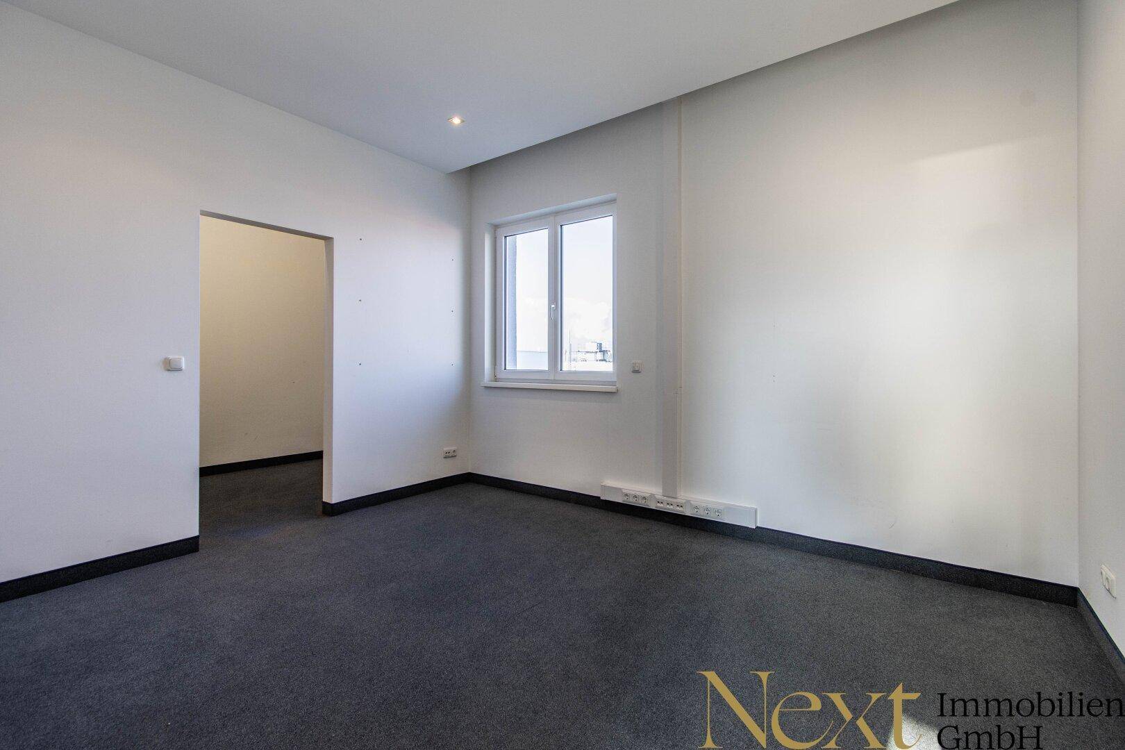 Leerer Raum mit Teppichboden, weiß gestrichenen Wänden und einem Fenster für Tageslicht.