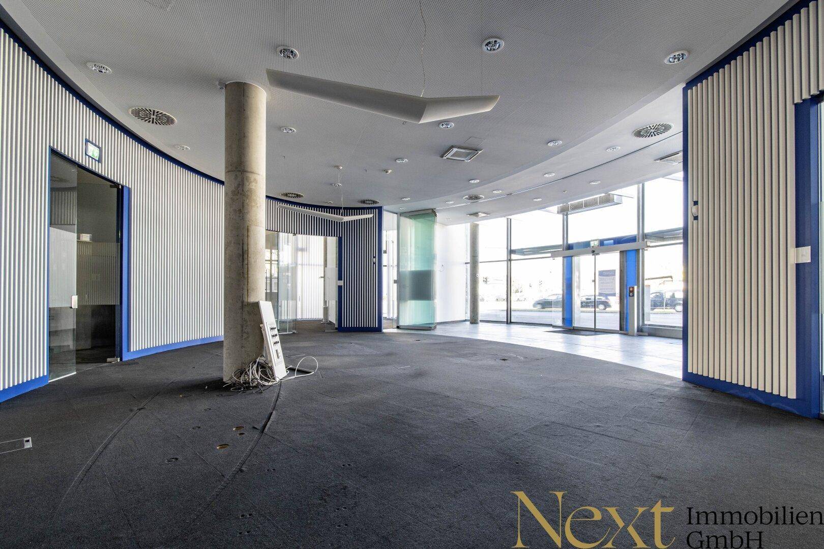 Großer, offener Gewerberaum mit dunklem Teppichboden, hohen Decken und viel Tageslicht durch die Glasfront.