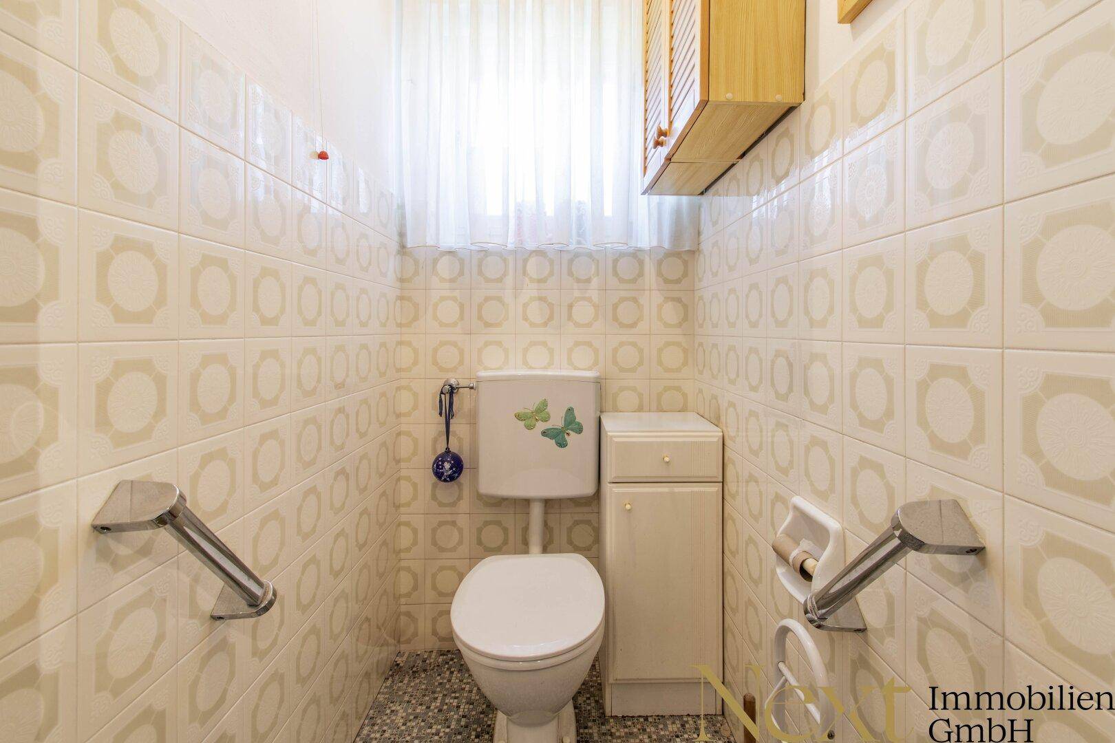 Separate Toilette mit gemusterten Fliesen, Fenster und Haltegriffen.