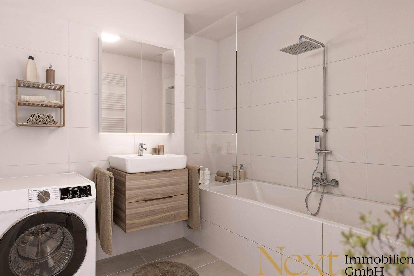 Modernes Badezimmer mit weißen Fliesen, Badewanne, Regendusche und integrierter Waschmaschine.
