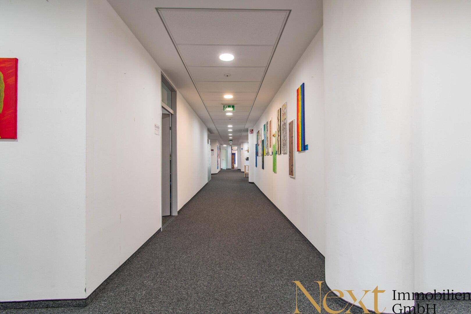 Langer, heller Flur mit Teppichboden und Kunstwerken an den Wänden, führt zu weiteren Räumen.