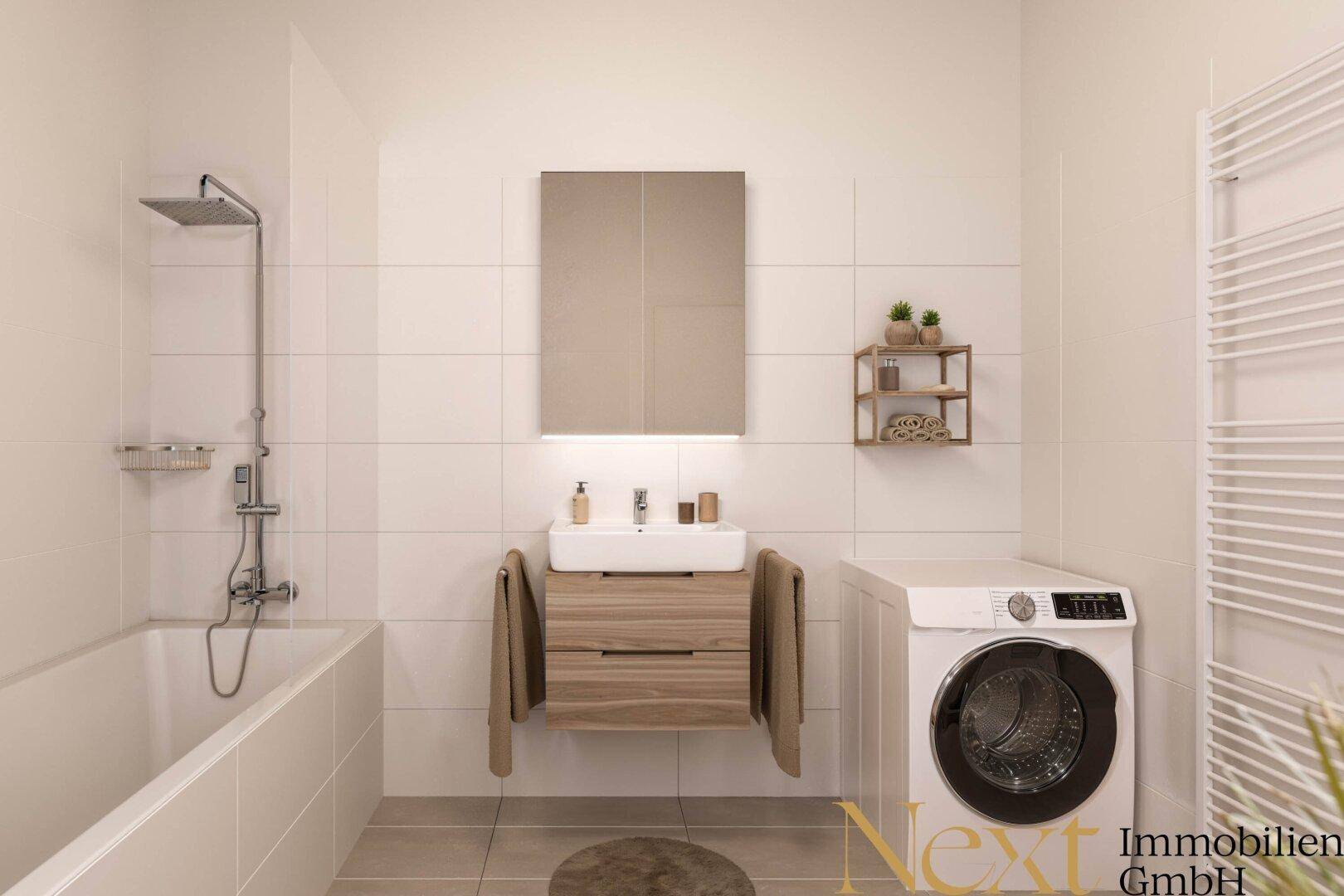 Helles Badezimmer mit Badewanne, Dusche, modernem Waschtisch und Waschmaschine.