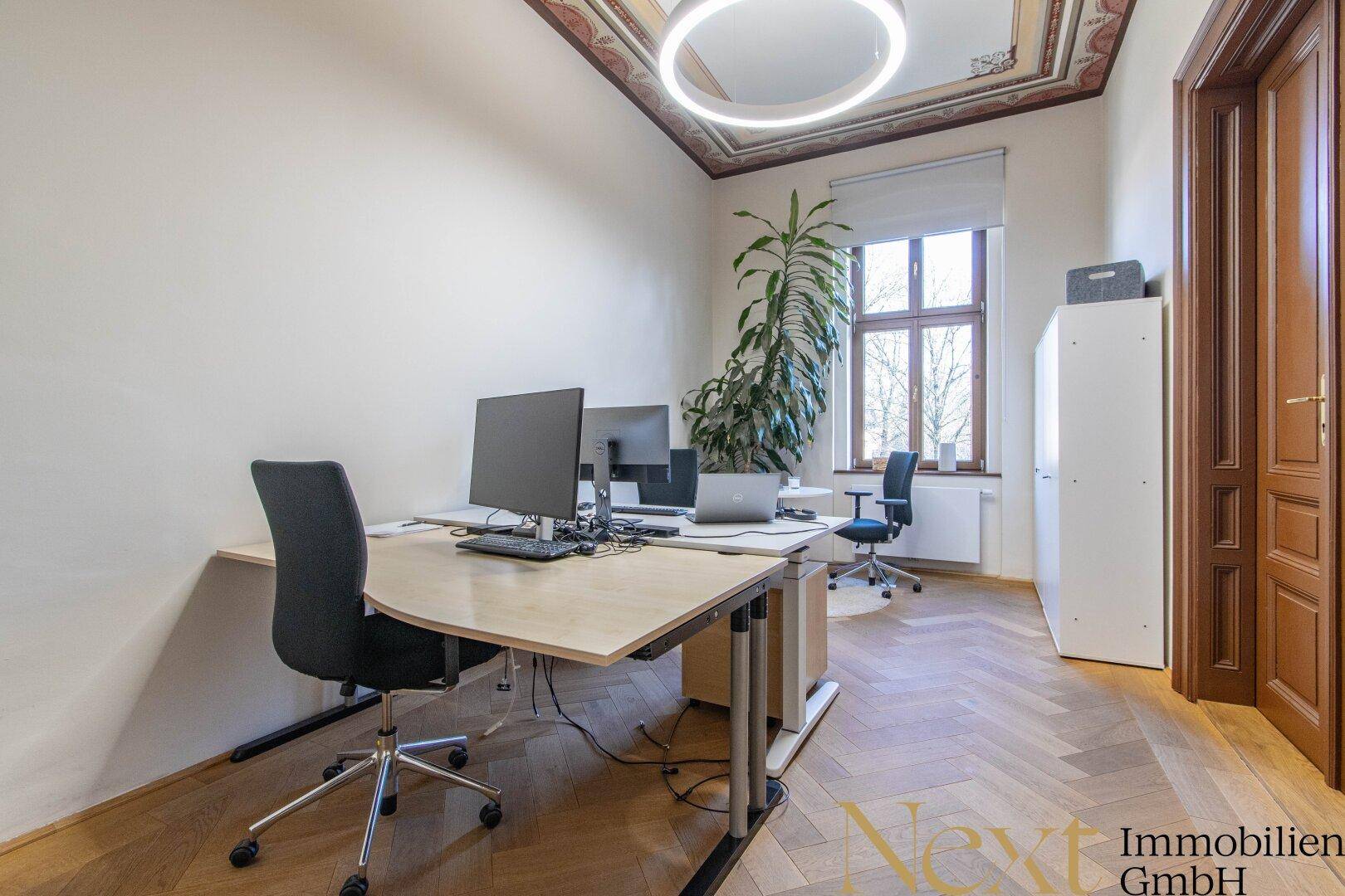 Ruhiger Bürobereich mit zwei Arbeitsplätzen, Fischgrätparkett und einer großen Zimmerpflanze.