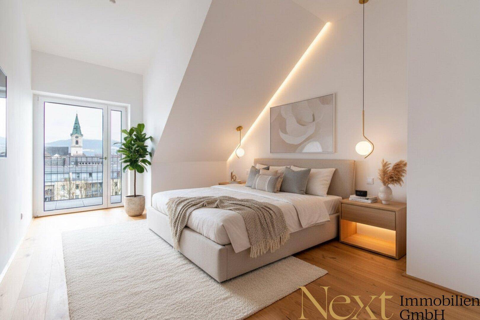 Modern eingerichtetes Schlafzimmer mit Holzboden, Dachschräge und Balkonzugang.