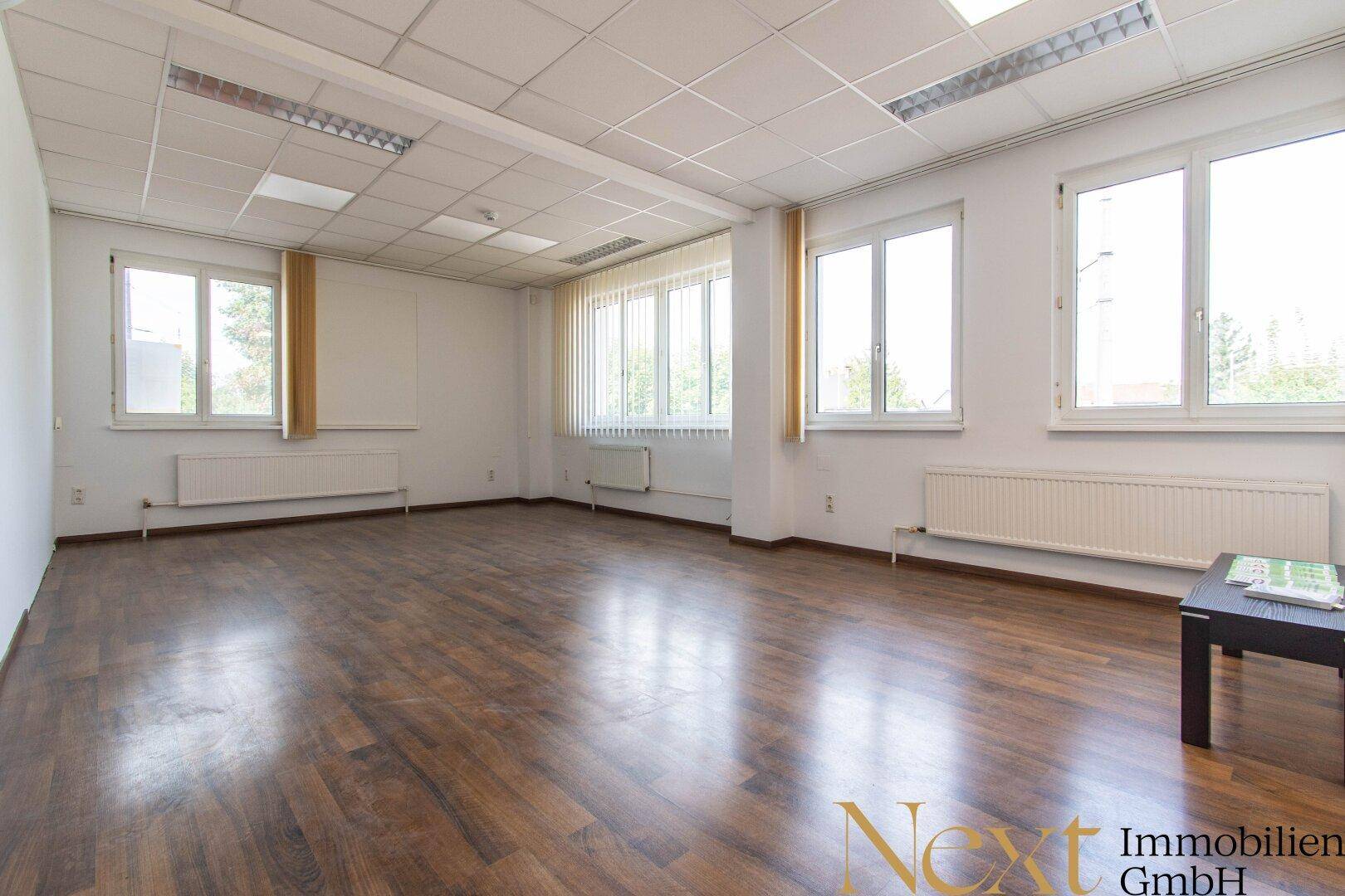 Großes, leeres Büro mit dunklem Laminatboden und vielen Fenstern, bereit für individuelle Büroeinrichtung.