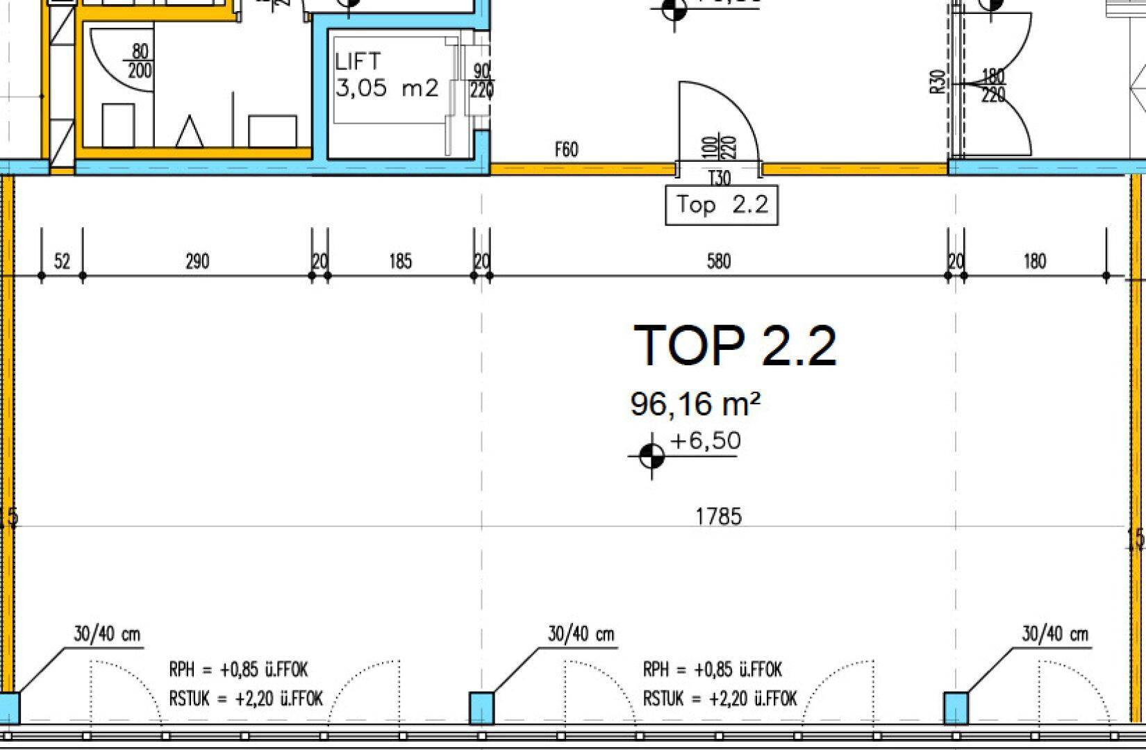 Grundriss für Einheit Top 2.2 mit einer Fläche von 96,16 m² und Zugang zum Aufzug.