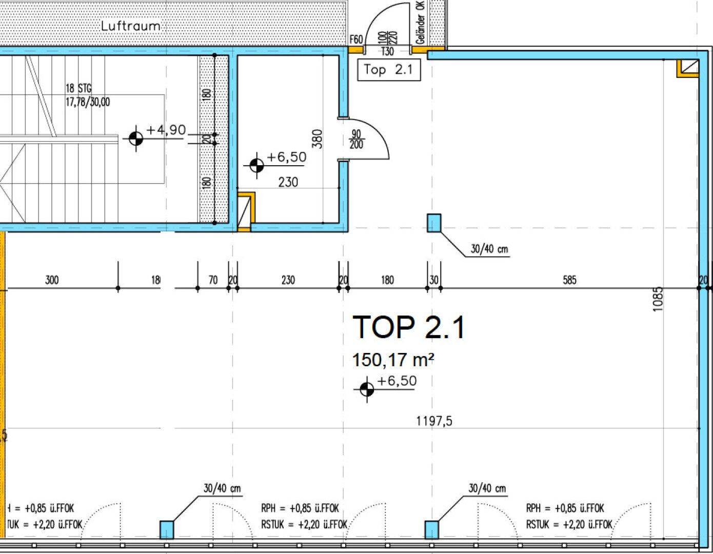 Grundriss für Einheit Top 2.1 mit einer Fläche von 150,17 m² und Treppenhauszugang.
