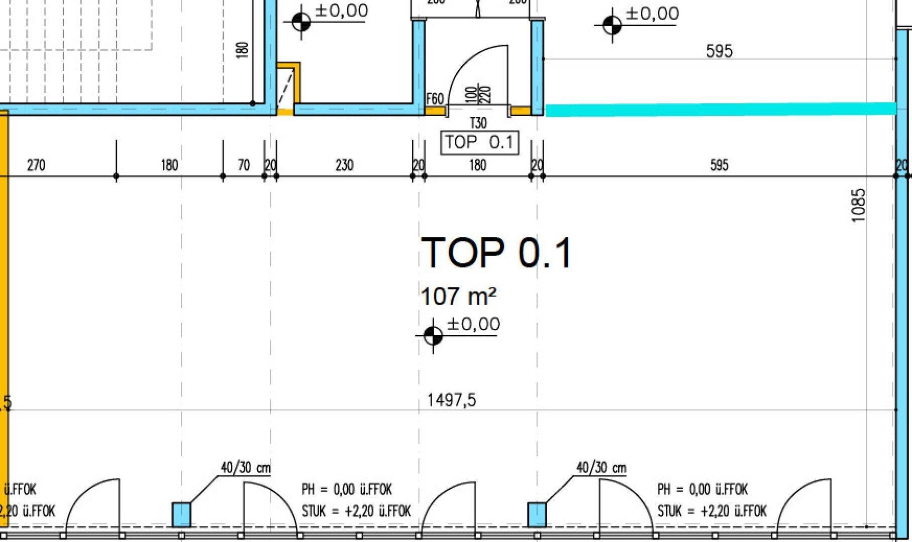 Grundriss für eine Einheit von 107 m² mit mehreren Räumen und Zugangspunkten.