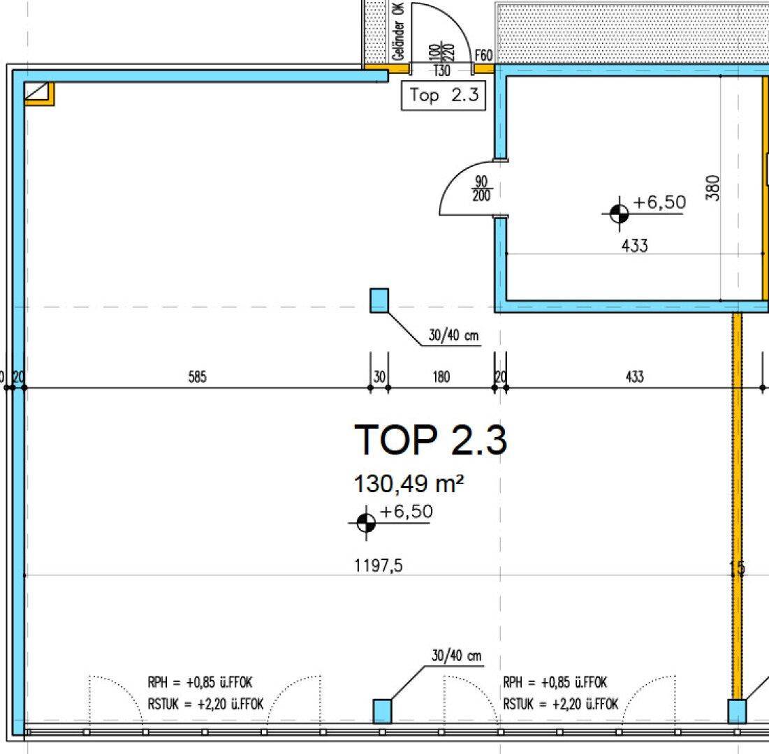 Grundriss für eine Büroeinheit mit 130,49 m² und Zugang zu einem Balkon.