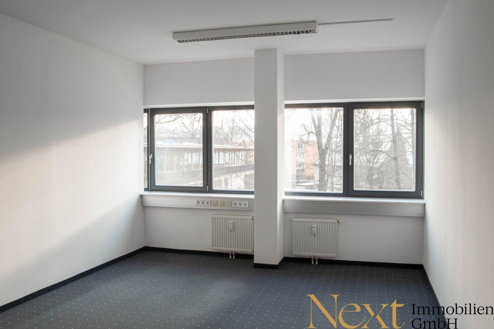 Leeres Büro mit Teppichboden, Heizkörpern unter den Fenstern und Blick ins Grüne.