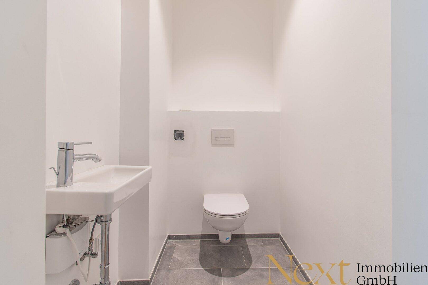 Separate Toilette mit wandhängendem WC und kleinem Waschbecken, gefliest mit dunklen Bodenfliesen.